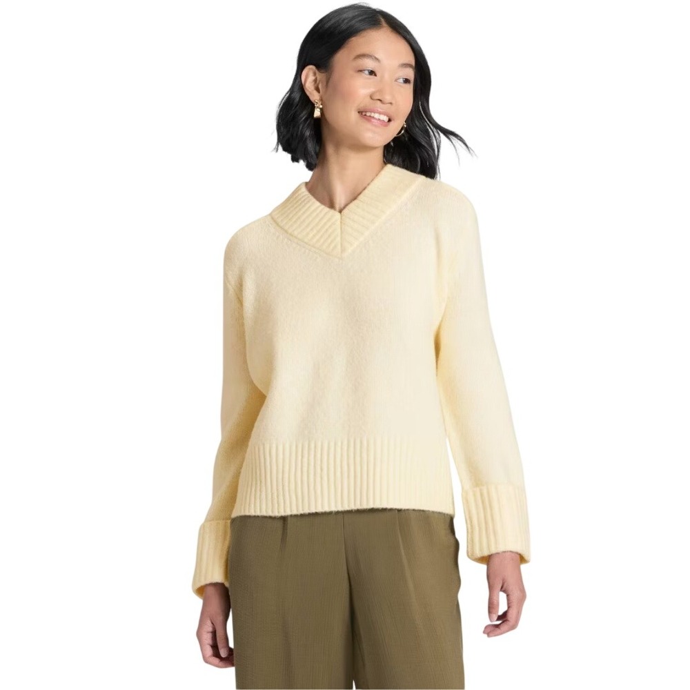 A New Day Women's Cream Ribbed V-Neck Oversized Pullover Sweater Size XL